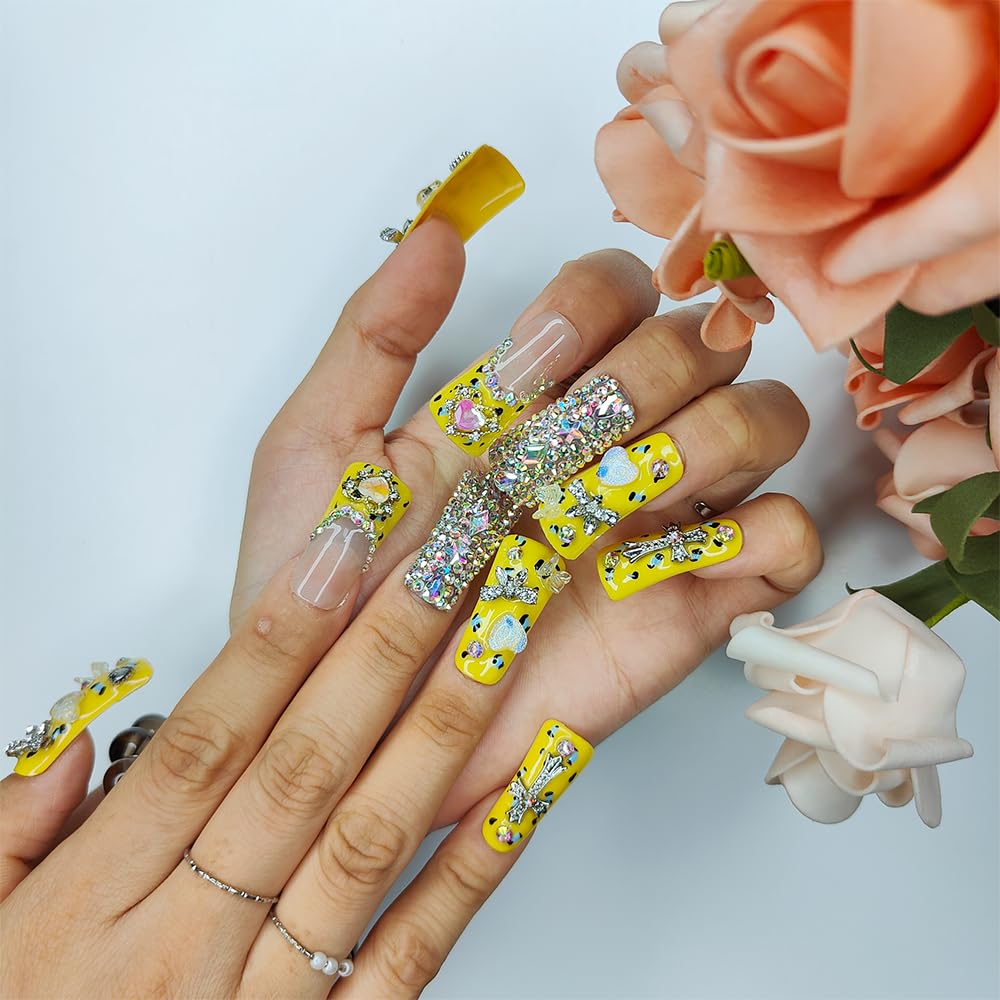 GGddsha Duck Nails Handmade PMMA Acrylic MediumSquare Fake Nails With Rhinestones Love Butterfly DesignReusable Full Coverage Duck Ladies Fake Nail,Sunlit Cherub