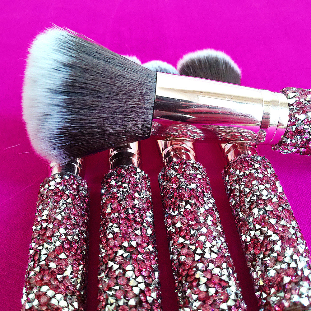 10-in-1 Diamond Inlaid Makeup Brush Set | Rhinestone Handmade Cosmetic Brushes with Bag | Pink