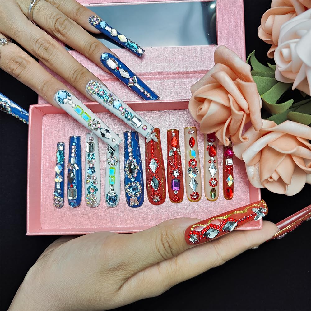 GGddsha Long Handmade PMMA Acrylic Nails With MultiColor Strap Stars Rhinestones Butterfly Design Reusable FullCoverage False Nails Ladies False Nail Set,Prismatic Eclat