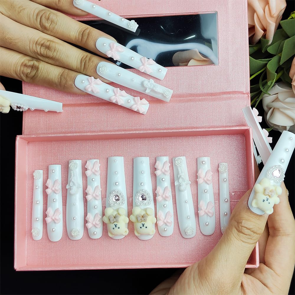 GGddsha White Long Nails With Cute Bear Rose Bow DesignReusable PMMA Acrylic Handmade Nails Full Deluxe 3D FakeNails With Pearls W Box Ladies Gift,Blanc Cherie