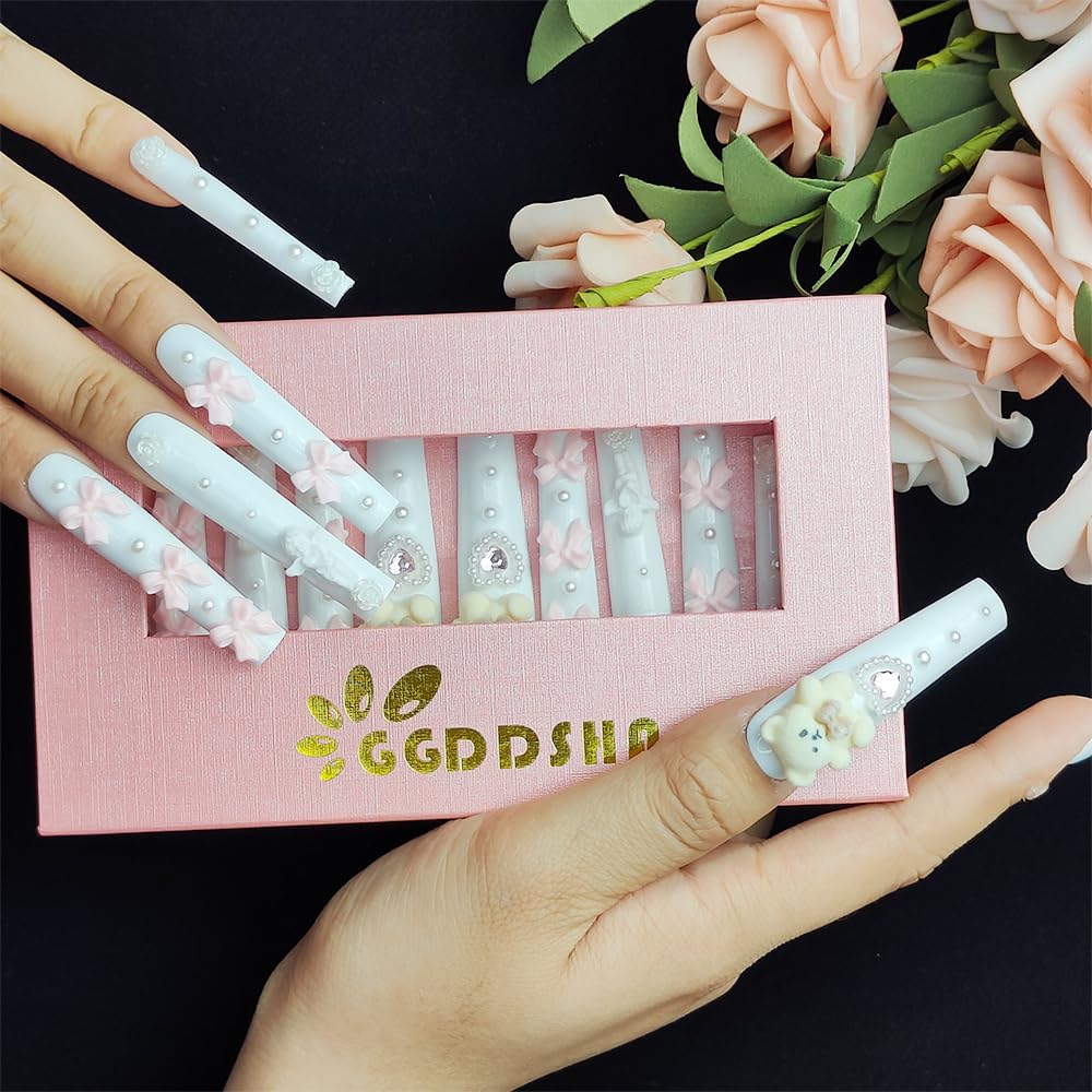 GGddsha White Long Nails With Cute Bear Rose Bow DesignReusable PMMA Acrylic Handmade Nails Full Deluxe 3D FakeNails With Pearls W Box Ladies Gift,Blanc Cherie