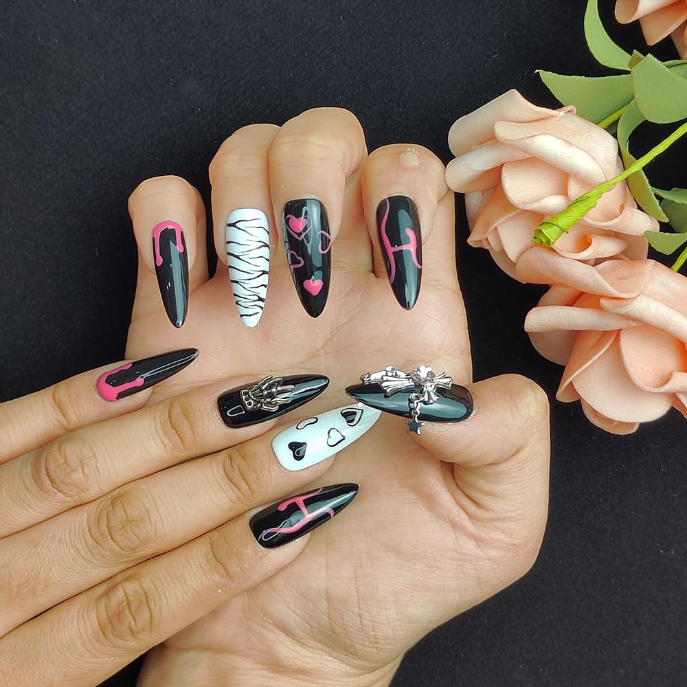 GGddsha Dark Series Pure Handmade Pressed Full StickMedium Almond Nails Hand Painted Designs ReusablePMMA Acrylic Press On Nails With Rhinestones Fake Nailsw Box Ladies Gifts,Eclipse Sketch
