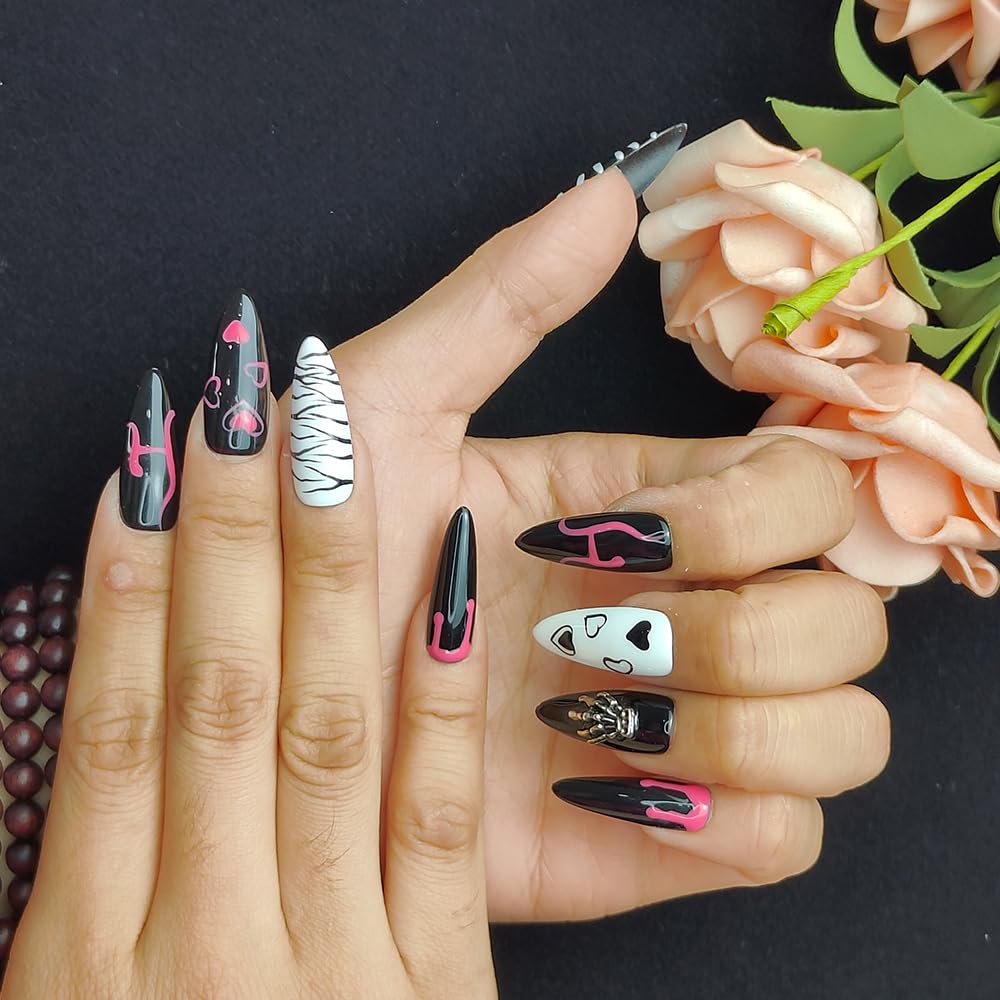 GGddsha Dark Series Pure Handmade Pressed Full StickMedium Almond Nails Hand Painted Designs ReusablePMMA Acrylic Press On Nails With Rhinestones Fake Nailsw Box Ladies Gifts,Eclipse Sketch