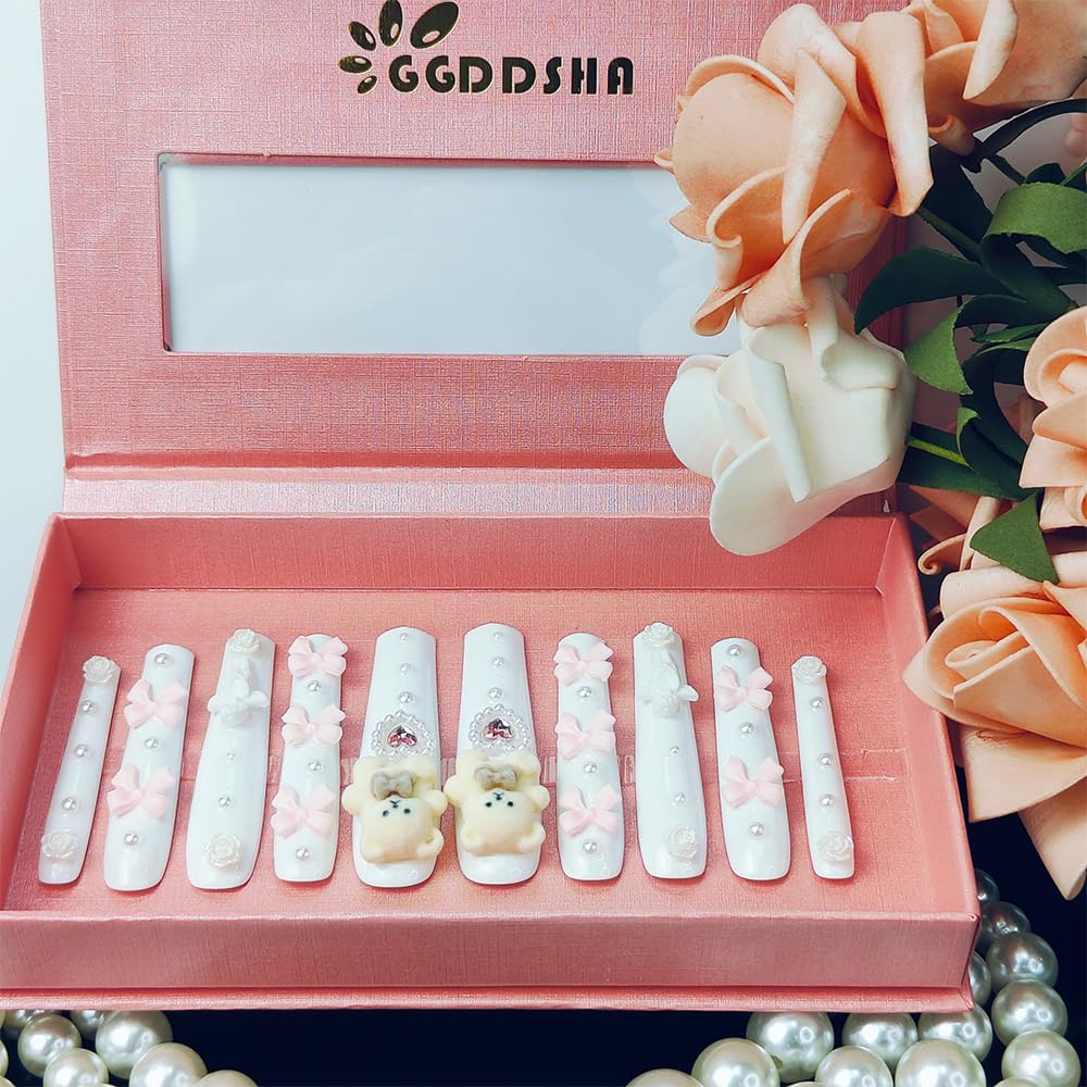 GGddsha White Long Nails With Cute Bear Rose Bow DesignReusable PMMA Acrylic Handmade Nails Full Deluxe 3D FakeNails With Pearls W Box Ladies Gift,Blanc Cherie