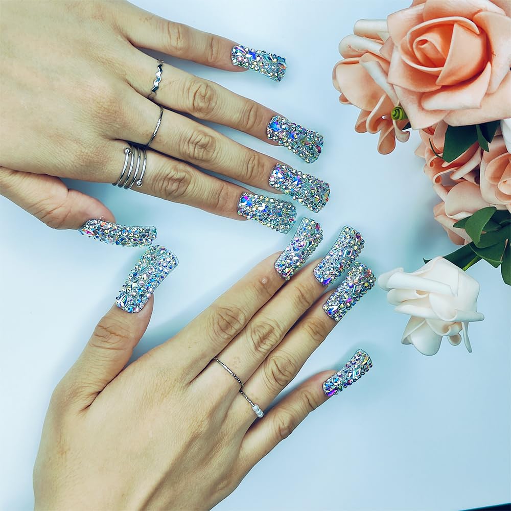 GGddsha Full Diamond Duck Nails Medium Square ReusablePMMA Acrylic Nails Handmade Full Coverage Deluxe 3DCrystal Fake Nail With Box Gift For Women,Aurora Edge