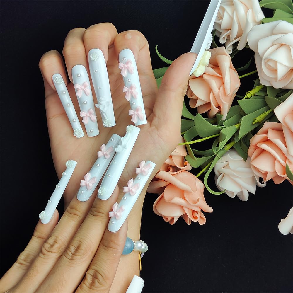 GGddsha White Long Nails With Cute Bear Rose Bow DesignReusable PMMA Acrylic Handmade Nails Full Deluxe 3D FakeNails With Pearls W Box Ladies Gift,Blanc Cherie