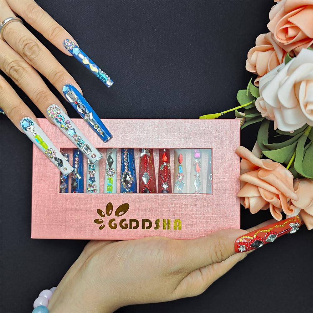 GGddsha Long Handmade PMMA Acrylic Nails With MultiColor Strap Stars Rhinestones Butterfly Design Reusable FullCoverage False Nails Ladies False Nail Set,Prismatic Eclat