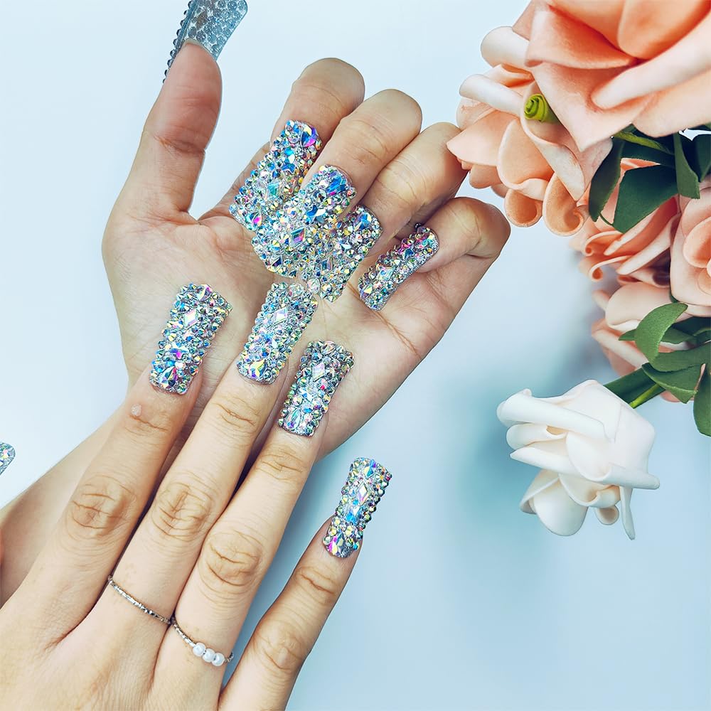 GGddsha Full Diamond Duck Nails Medium Square ReusablePMMA Acrylic Nails Handmade Full Coverage Deluxe 3DCrystal Fake Nail With Box Gift For Women,Aurora Edge