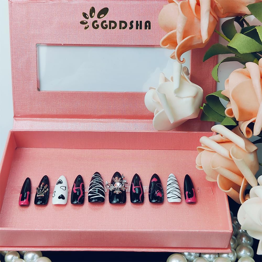 GGddsha Dark Series Pure Handmade Pressed Full StickMedium Almond Nails Hand Painted Designs ReusablePMMA Acrylic Press On Nails With Rhinestones Fake Nailsw Box Ladies Gifts,Eclipse Sketch