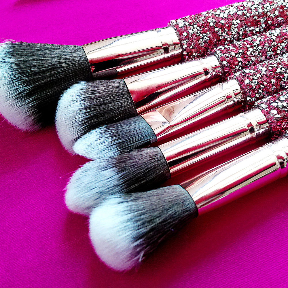 10-in-1 Diamond Inlaid Makeup Brush Set | Rhinestone Handmade Cosmetic Brushes with Bag | Pink