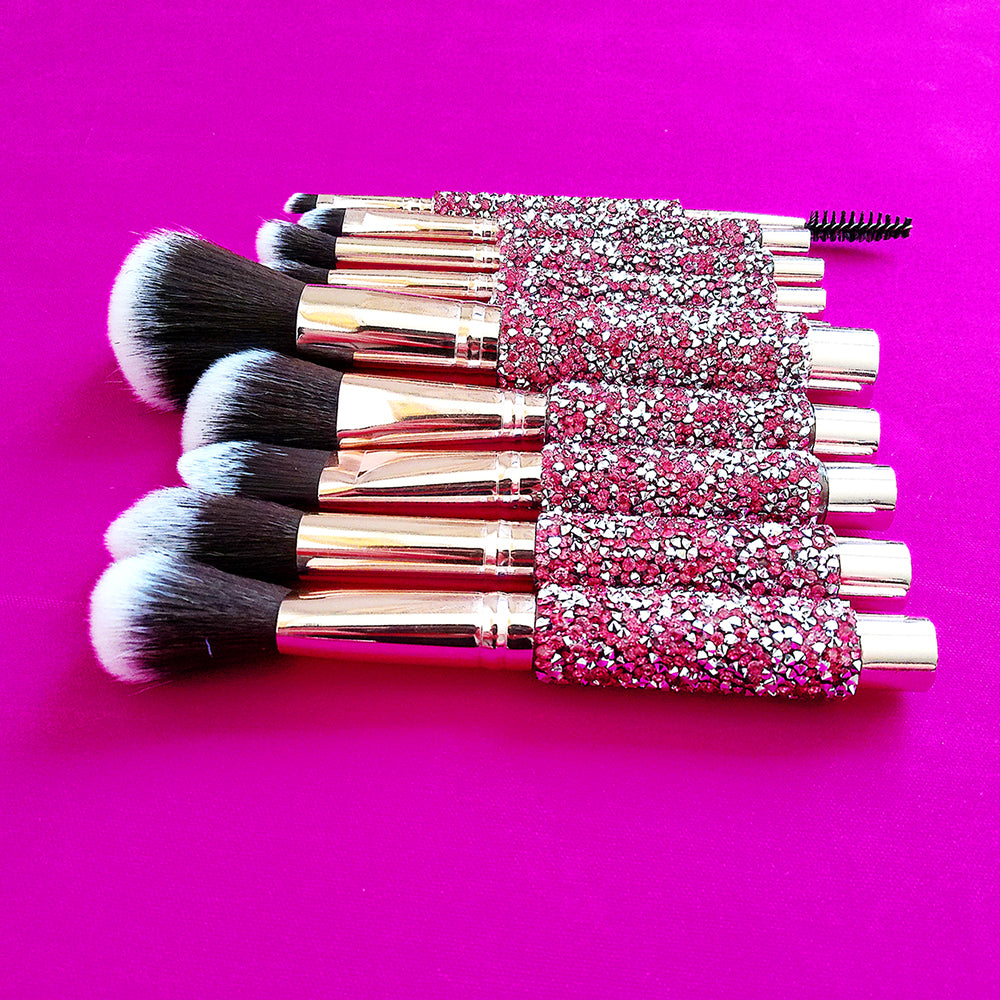 10-in-1 Diamond Inlaid Makeup Brush Set | Rhinestone Handmade Cosmetic Brushes with Bag | Pink