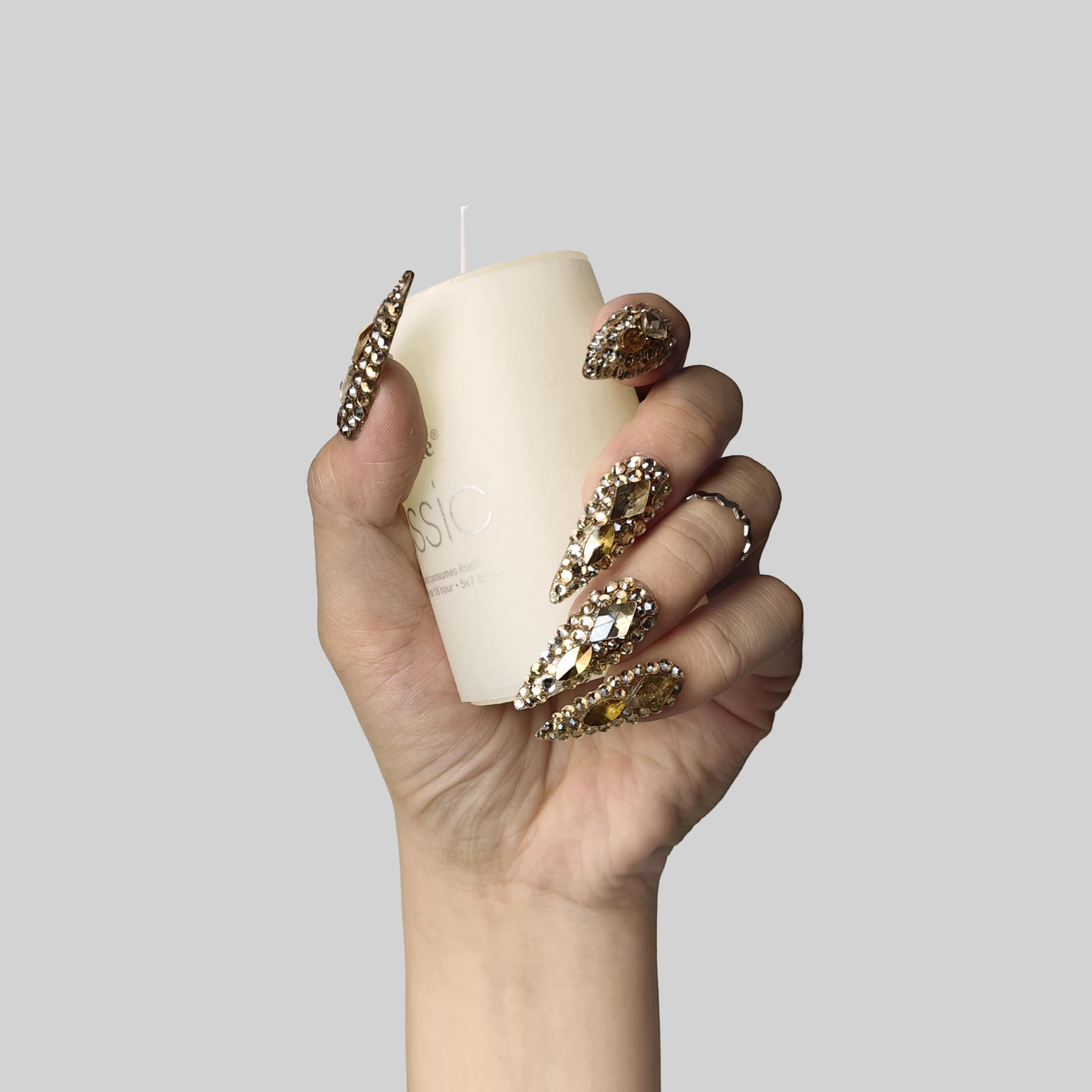 GGddsha Full Diamond Medium Almond Press On NailsReusable PMMA Acrylic Handmade Nails Full Deluxe 3DCrystal Fake Nails W Box Gift For Women,Crown Jewel