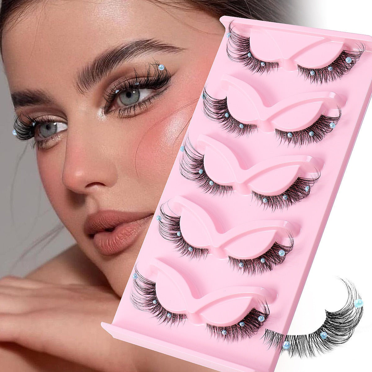 3D Strip Lashes w/ Pearls | Clear Band | Foxy Winged Cat Eye | Dramatic Look