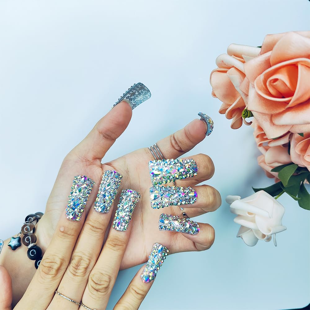 GGddsha Full Diamond Duck Nails Medium Square ReusablePMMA Acrylic Nails Handmade Full Coverage Deluxe 3DCrystal Fake Nail With Box Gift For Women,Aurora Edge