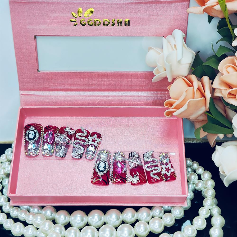 GGddsha Vermilion Duck Nails Medium Square Fake Nailswith Stars Butterflies Snake Designs Handmade Pmmaacrylic Glossy Reusable Fake NailsScarlet Serpent Eclat