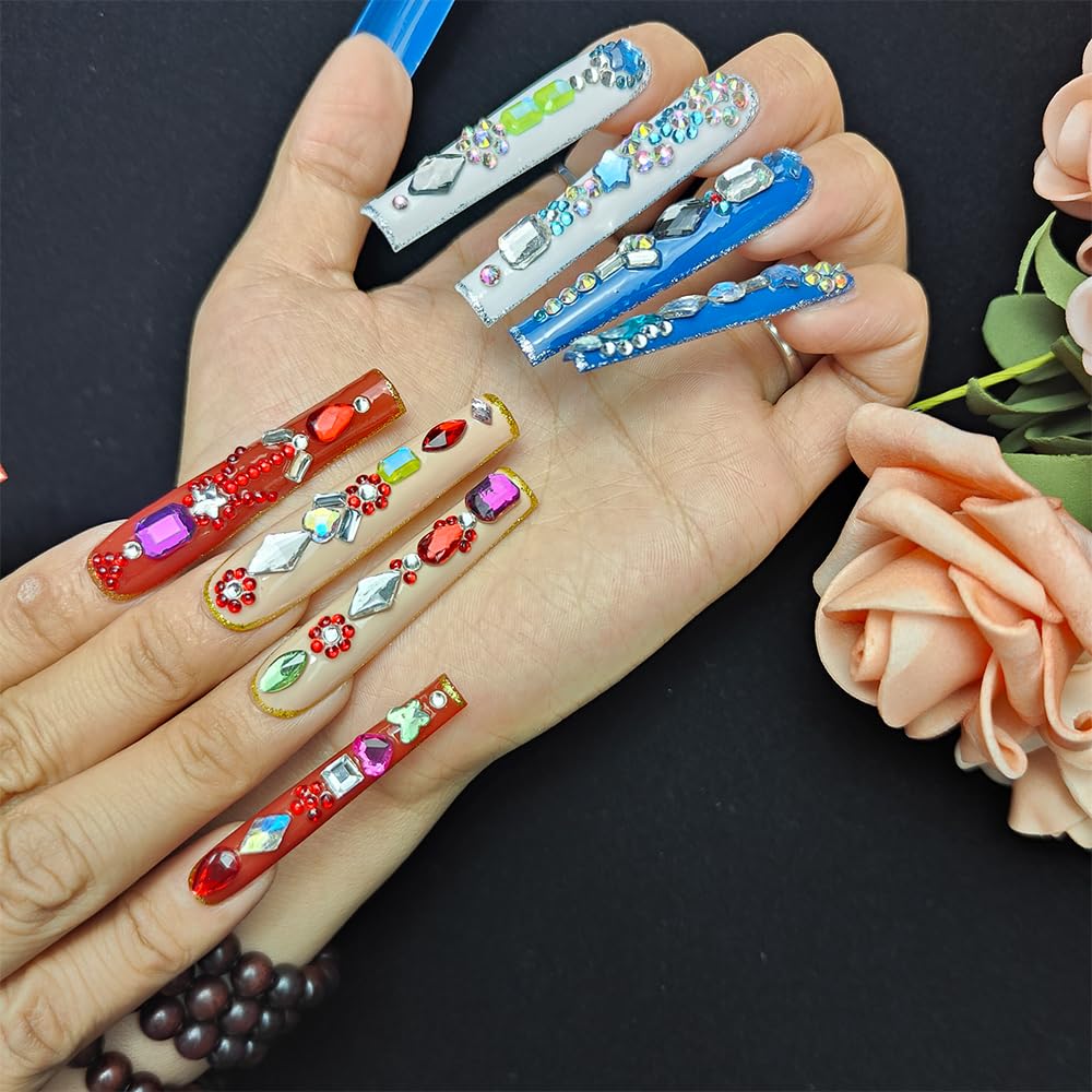 GGddsha Long Handmade PMMA Acrylic Nails With MultiColor Strap Stars Rhinestones Butterfly Design Reusable FullCoverage False Nails Ladies False Nail Set,Prismatic Eclat