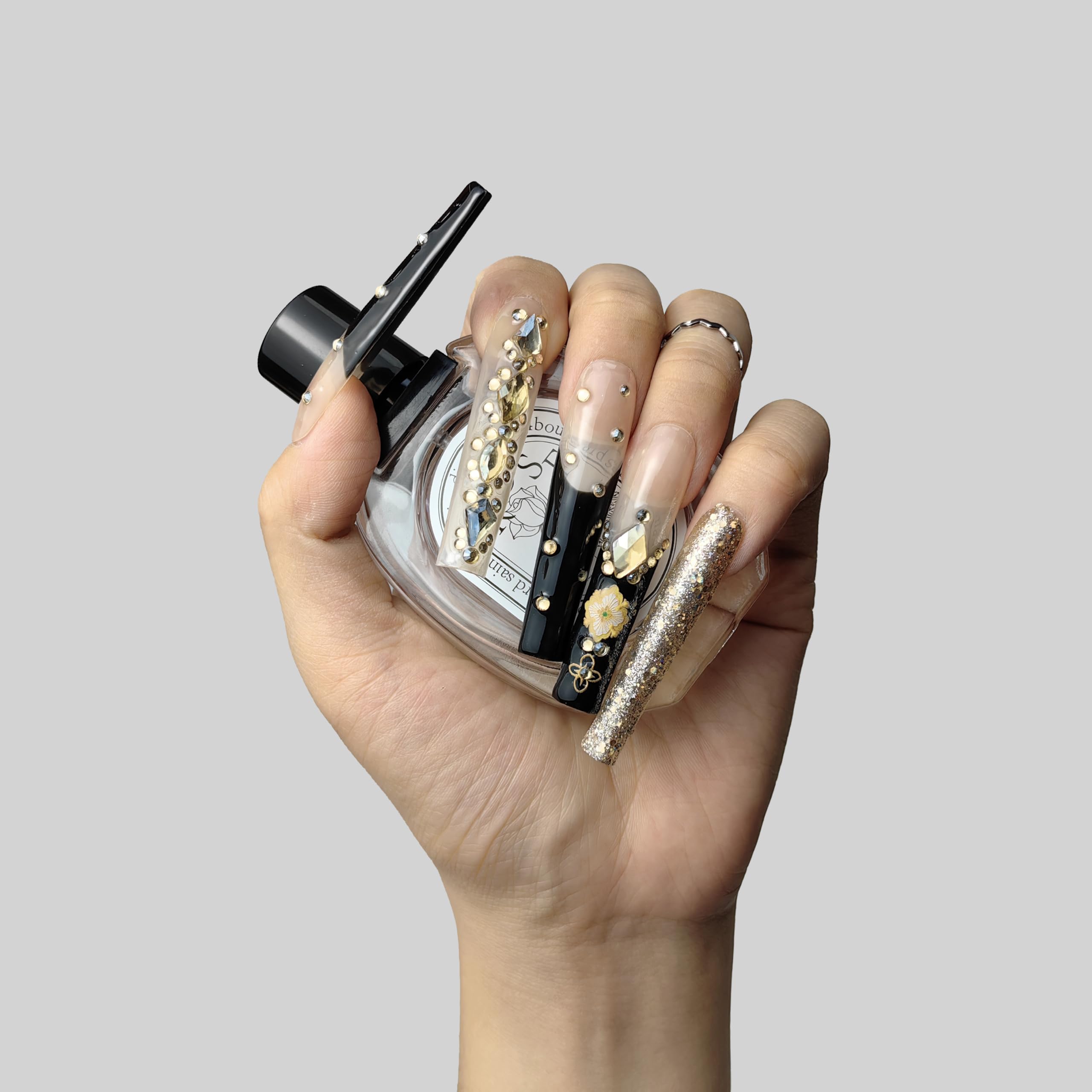 GGDDSHA Nails Handmade Press On Nails Long PinkDesign By Nail Technician, Handmade Painted Nail ArtReusable Stick On Nails In S,M,L 3Sizes,Eclipse Elegance