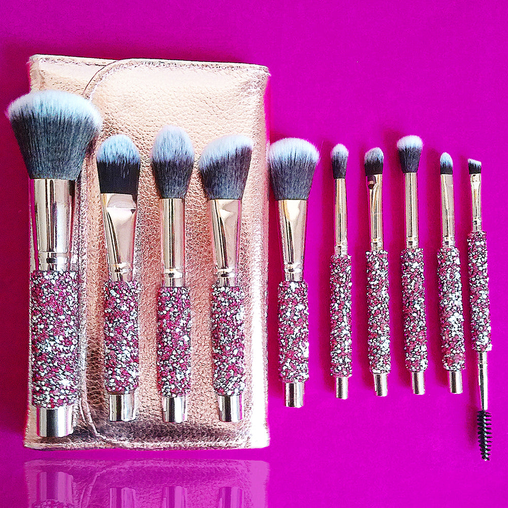 10-in-1 Diamond Inlaid Makeup Brush Set | Rhinestone Handmade Cosmetic Brushes with Bag | Pink