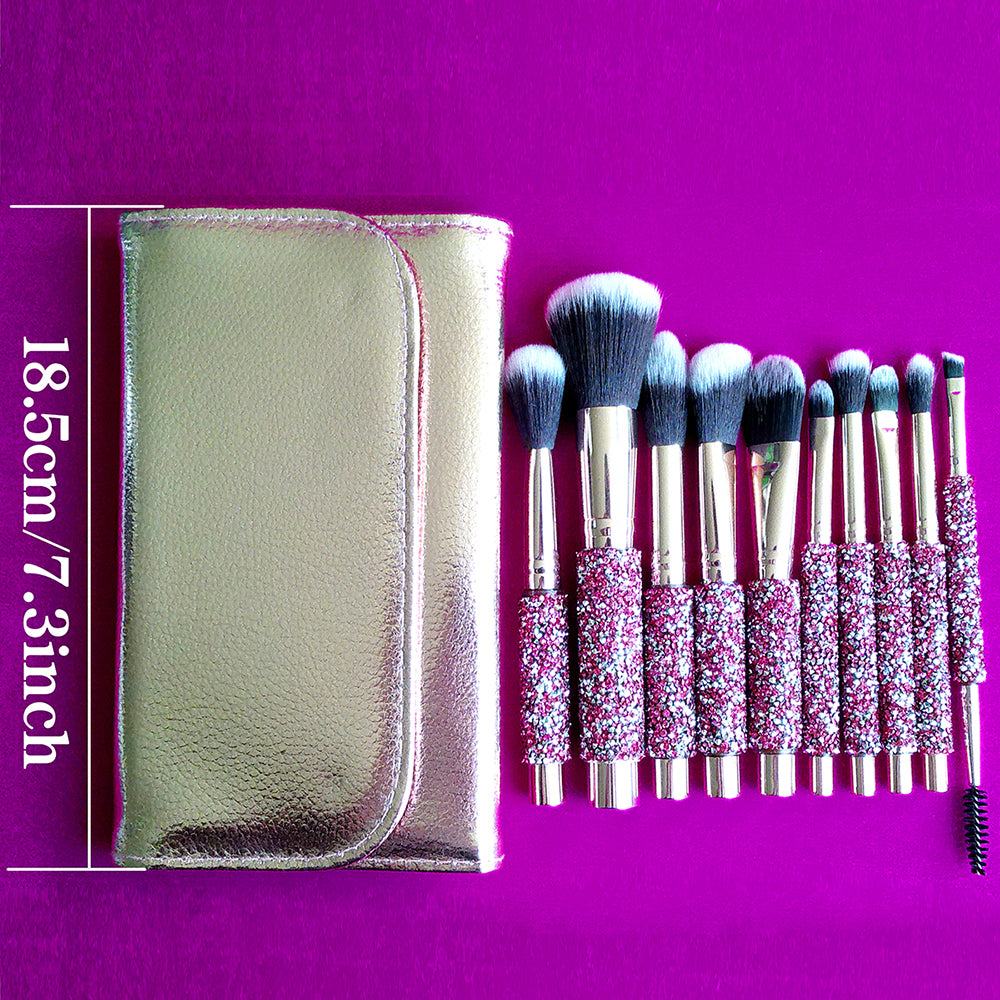 10-in-1 Diamond Inlaid Makeup Brush Set | Rhinestone Handmade Cosmetic Brushes with Bag | Pink