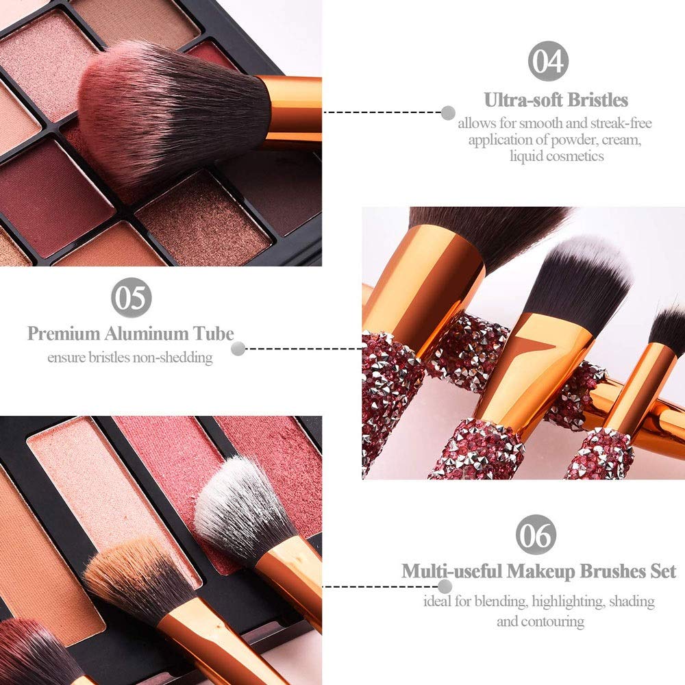 10-in-1 Diamond Inlaid Makeup Brush Set | Rhinestone Handmade Cosmetic Brushes with Bag | Pink