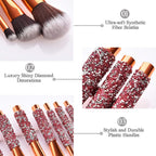 10-in-1 Diamond Inlaid Makeup Brush Set | Rhinestone Handmade Cosmetic Brushes with Bag | Pink