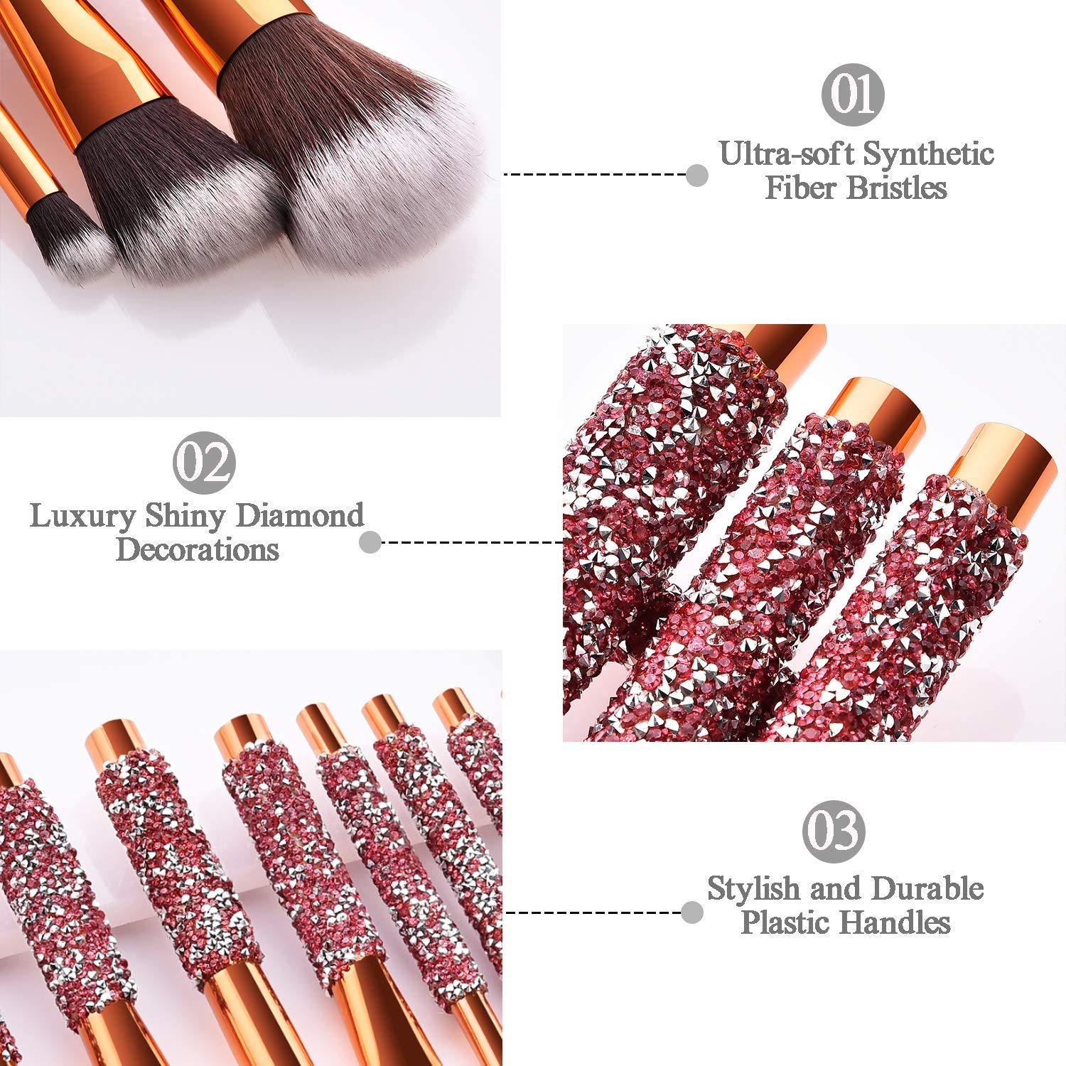 10-in-1 Diamond Inlaid Makeup Brush Set | Rhinestone Handmade Cosmetic Brushes with Bag | Pink