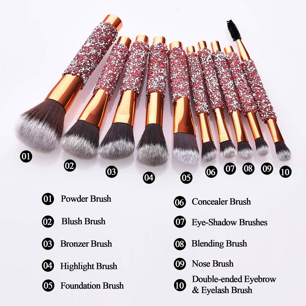 10-in-1 Diamond Inlaid Makeup Brush Set | Rhinestone Handmade Cosmetic Brushes with Bag | Pink