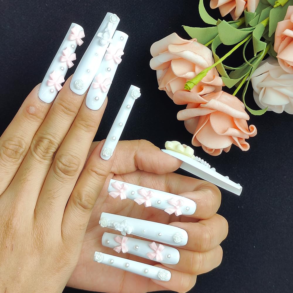 GGddsha White Long Nails With Cute Bear Rose Bow DesignReusable PMMA Acrylic Handmade Nails Full Deluxe 3D FakeNails With Pearls W Box Ladies Gift,Blanc Cherie
