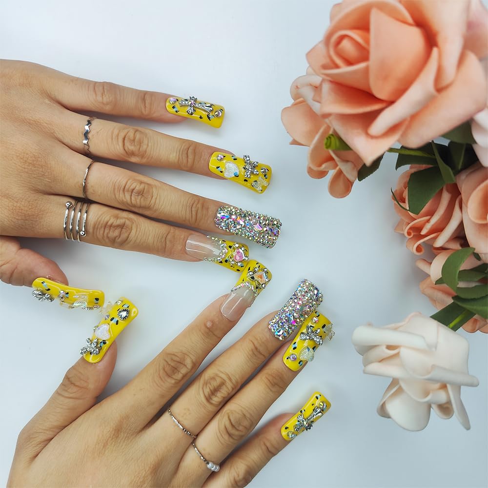 GGddsha Duck Nails Handmade PMMA Acrylic MediumSquare Fake Nails With Rhinestones Love Butterfly DesignReusable Full Coverage Duck Ladies Fake Nail,Sunlit Cherub