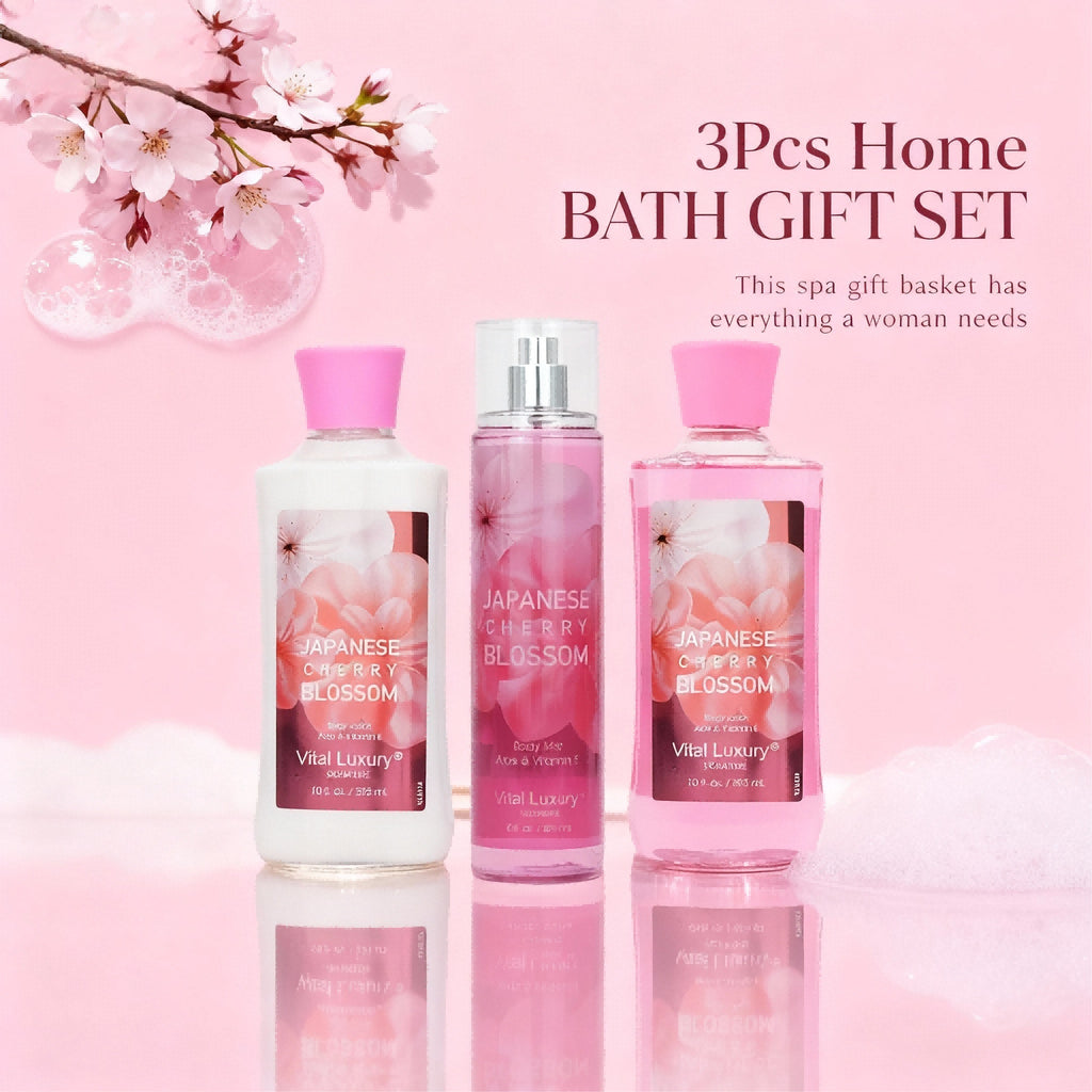 3pcs Set-Sakura Fragrance Shower Gel Set, Japanese Cherry Blossom 10 Fl.oz Shower Gel, 10 Fl.oz Body Lotion, 8 Fl. Oz Body Mist, A Three-piece Bath And Body Care Gift Set