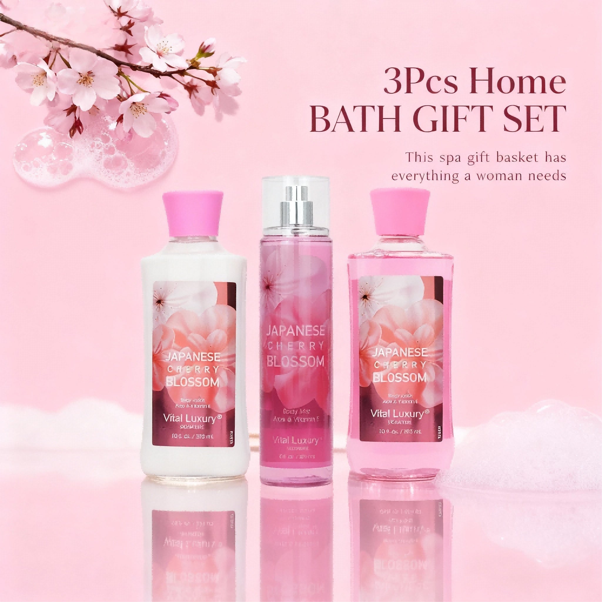 3pcs Set-Sakura Fragrance Shower Gel Set, Japanese Cherry Blossom 10 Fl.oz Shower Gel, 10 Fl.oz Body Lotion, 8 Fl. Oz Body Mist, A Three-piece Bath And Body Care Gift Set