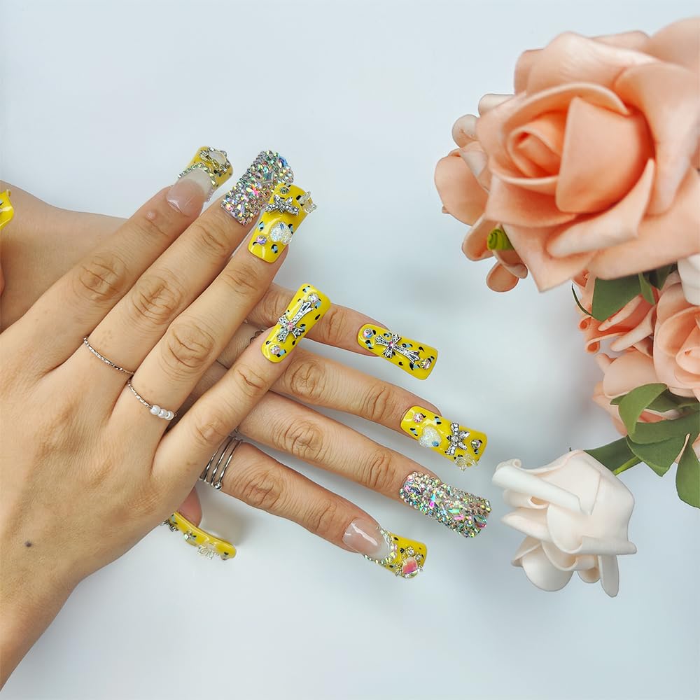 GGddsha Duck Nails Handmade PMMA Acrylic MediumSquare Fake Nails With Rhinestones Love Butterfly DesignReusable Full Coverage Duck Ladies Fake Nail,Sunlit Cherub